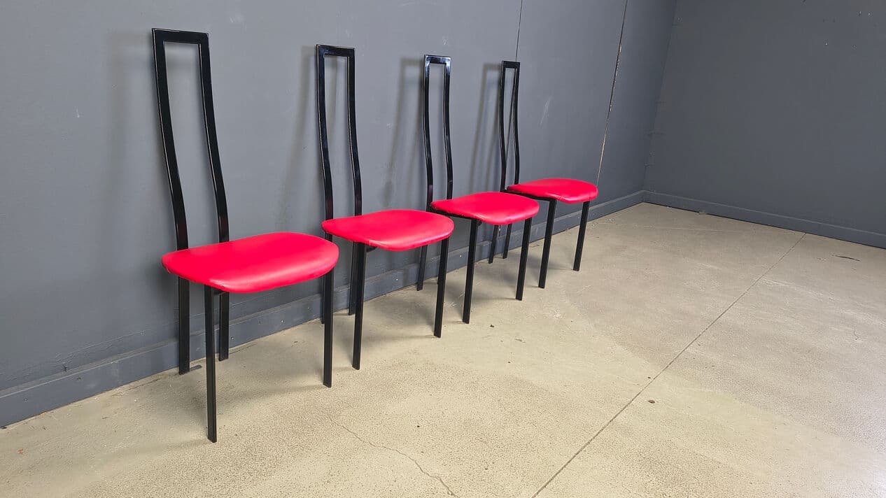 Set of four chairs Carre VI, black metal, red fabric, by M. Cattelan, Cattelan Italia, Italy, 1980s. - 331030