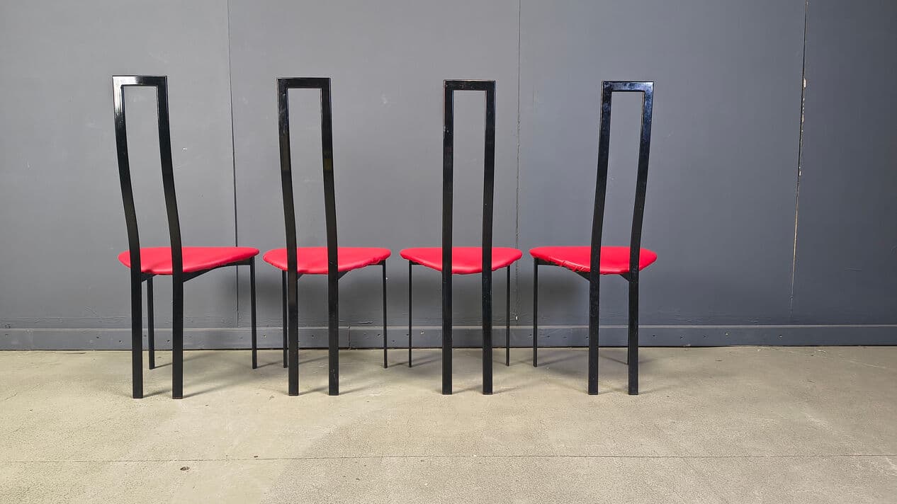 Set of four chairs Carre VI, black metal, red fabric, by M. Cattelan, Cattelan Italia, Italy, 1980s. - 331036