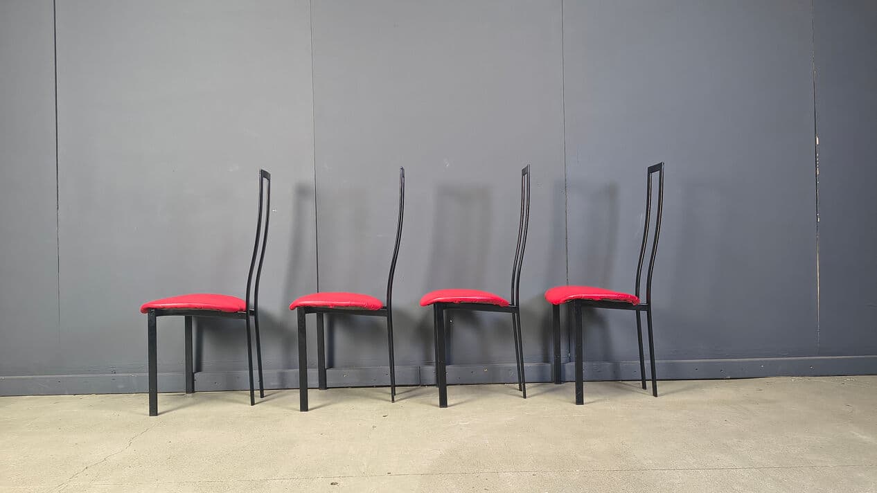 Set of four chairs Carre VI, black metal, red fabric, by M. Cattelan, Cattelan Italia, Italy, 1980s. - 331035