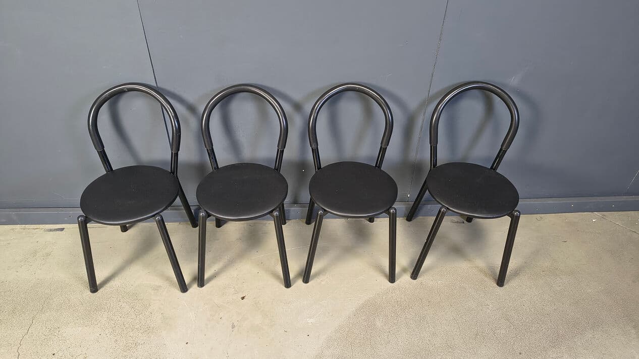 Set of four postmodern chairs, black metal, black fabric, Italy, 1980s. - 331003