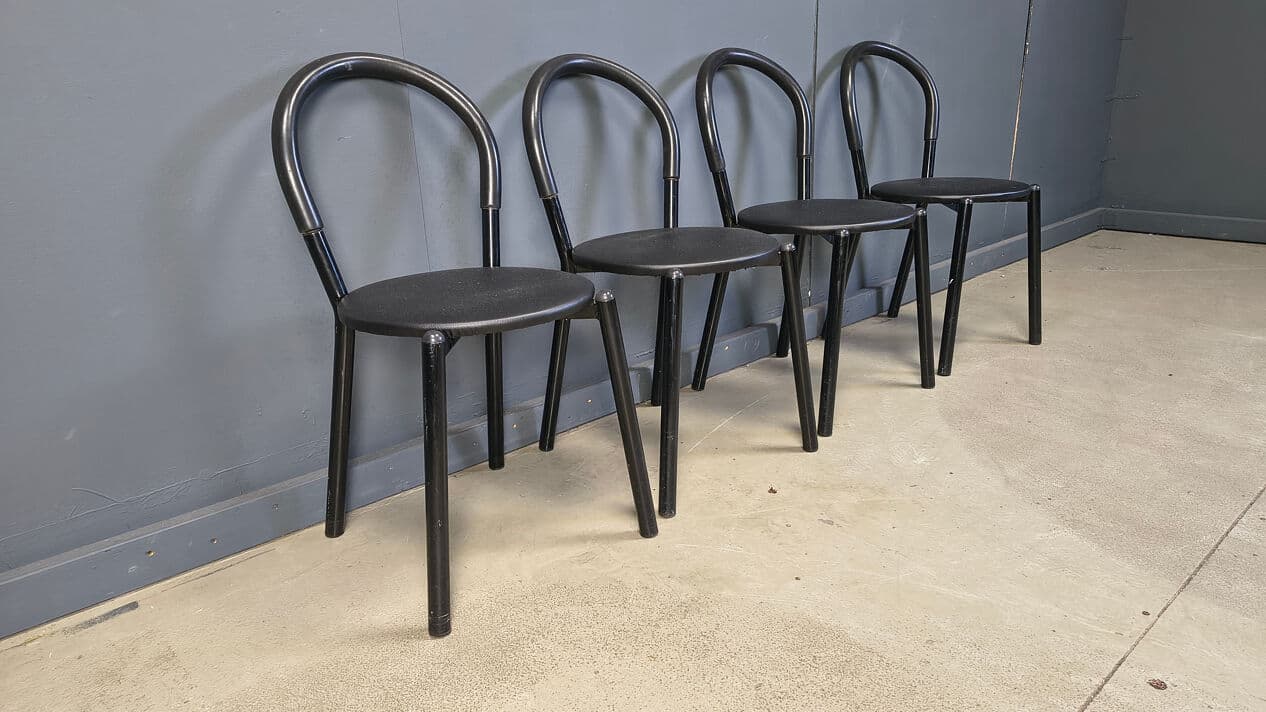 Set of four postmodern chairs, black metal, black fabric, Italy, 1980s. - 331007