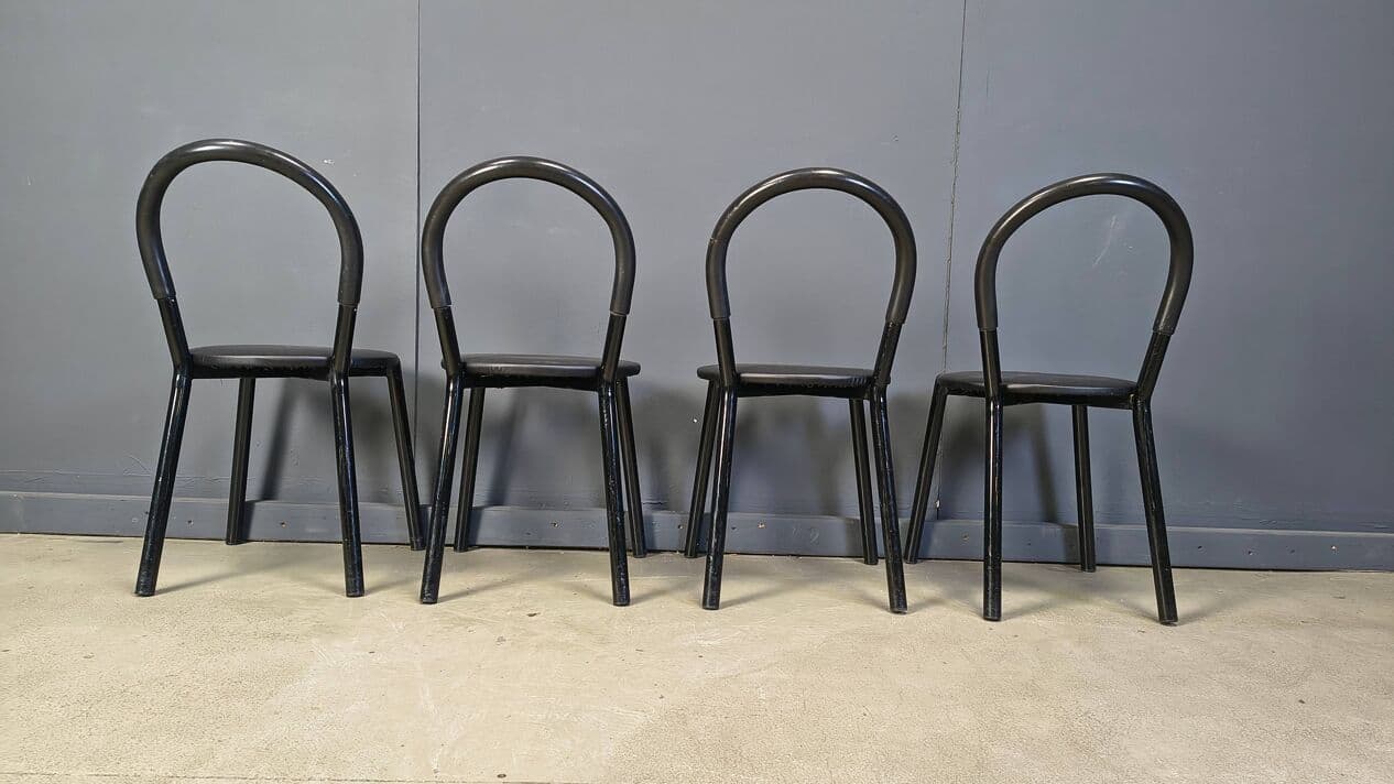 Set of four postmodern chairs, black metal, black fabric, Italy, 1980s. - 331012