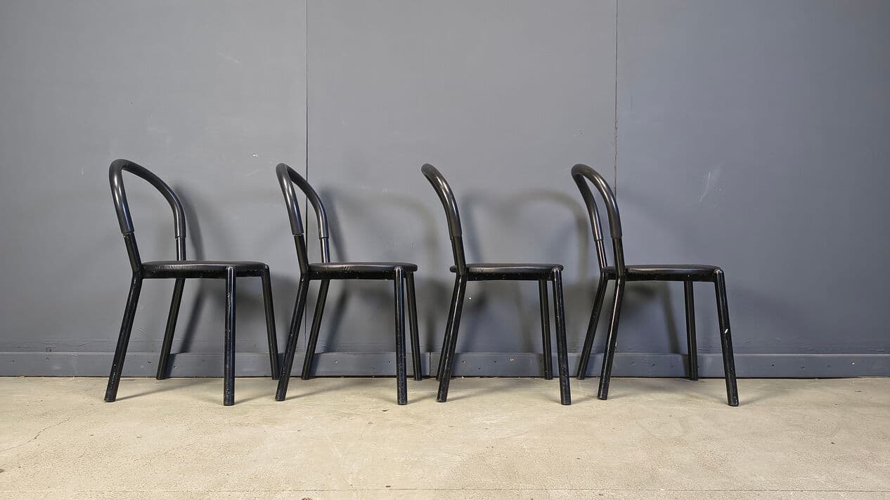 Set of four postmodern chairs, black metal, black fabric, Italy, 1980s. - 331009