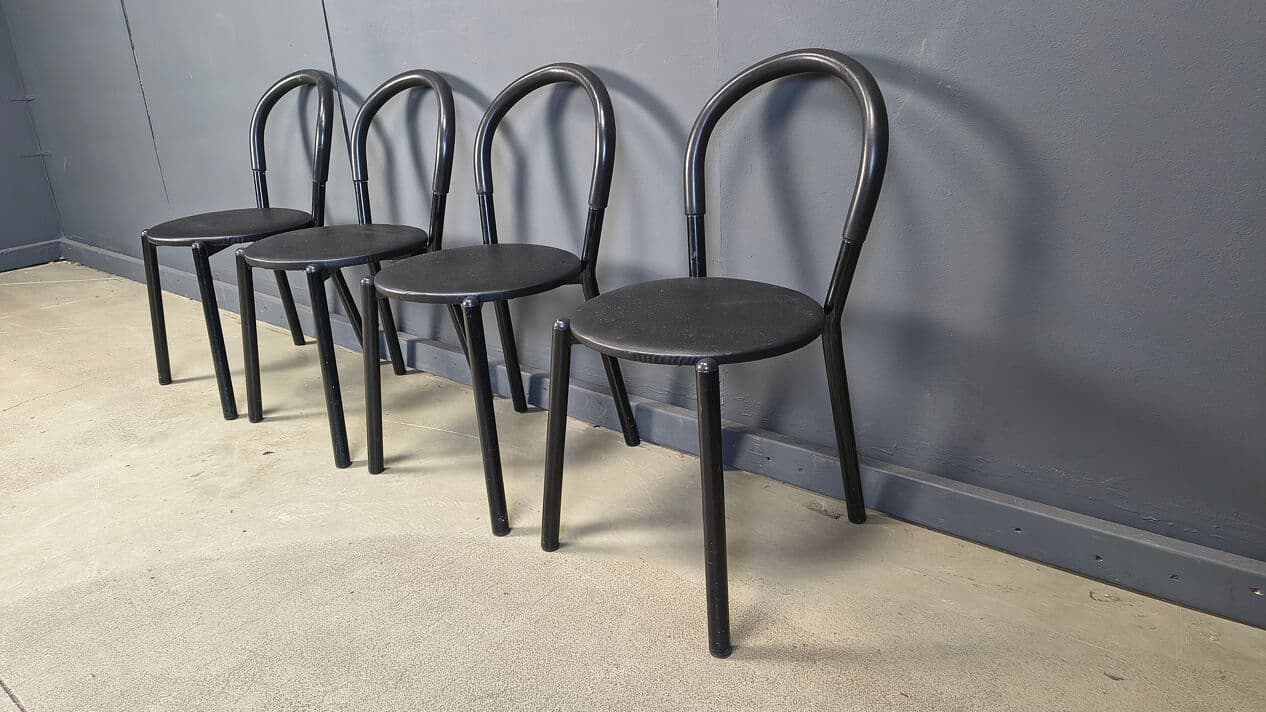 Set of four postmodern chairs, black metal, black fabric, Italy, 1980s. - 331008