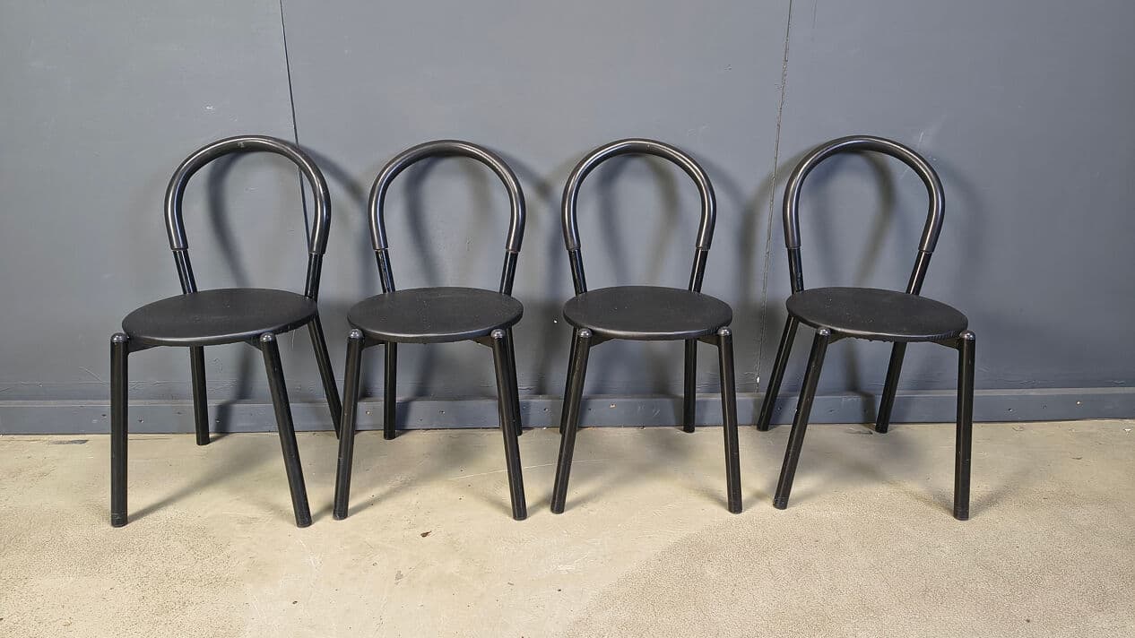 Set of four postmodern chairs, black metal, black fabric, Italy, 1980s. - 331002