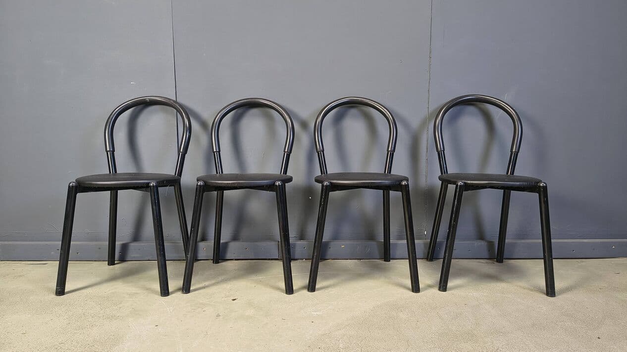 Set of four postmodern chairs, black metal, black fabric, Italy, 1980s. - 331005