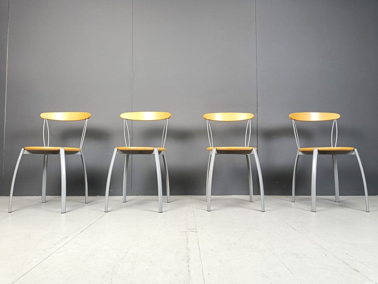 Set of Four Postmodern Dining Chairs, brown plywood, grey metal, Italy, 1990s - 330991
