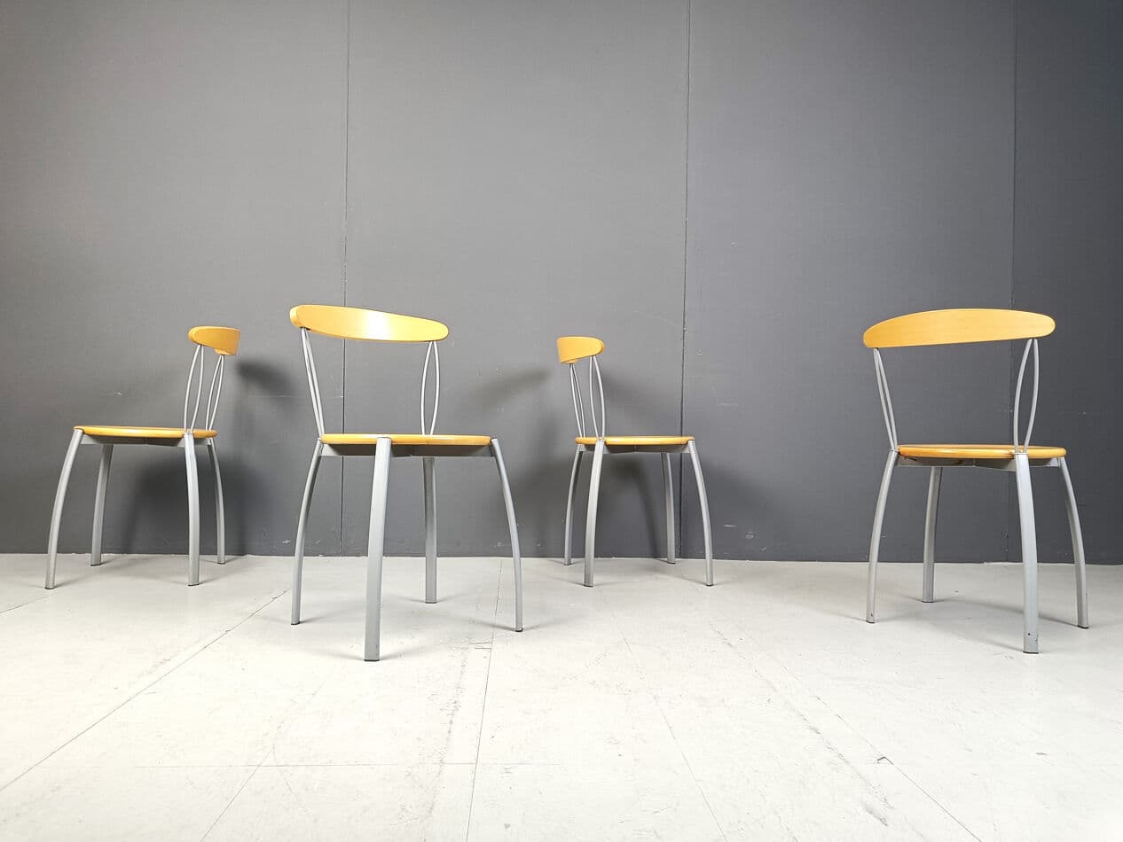 Set of Four Postmodern Dining Chairs, brown plywood, grey metal, Italy, 1990s - 330996