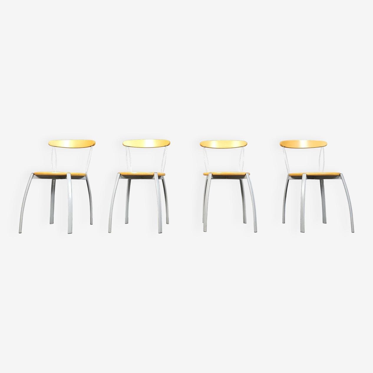 Set of Four Postmodern Dining Chairs, brown plywood, grey metal, Italy, 1990s - 330992
