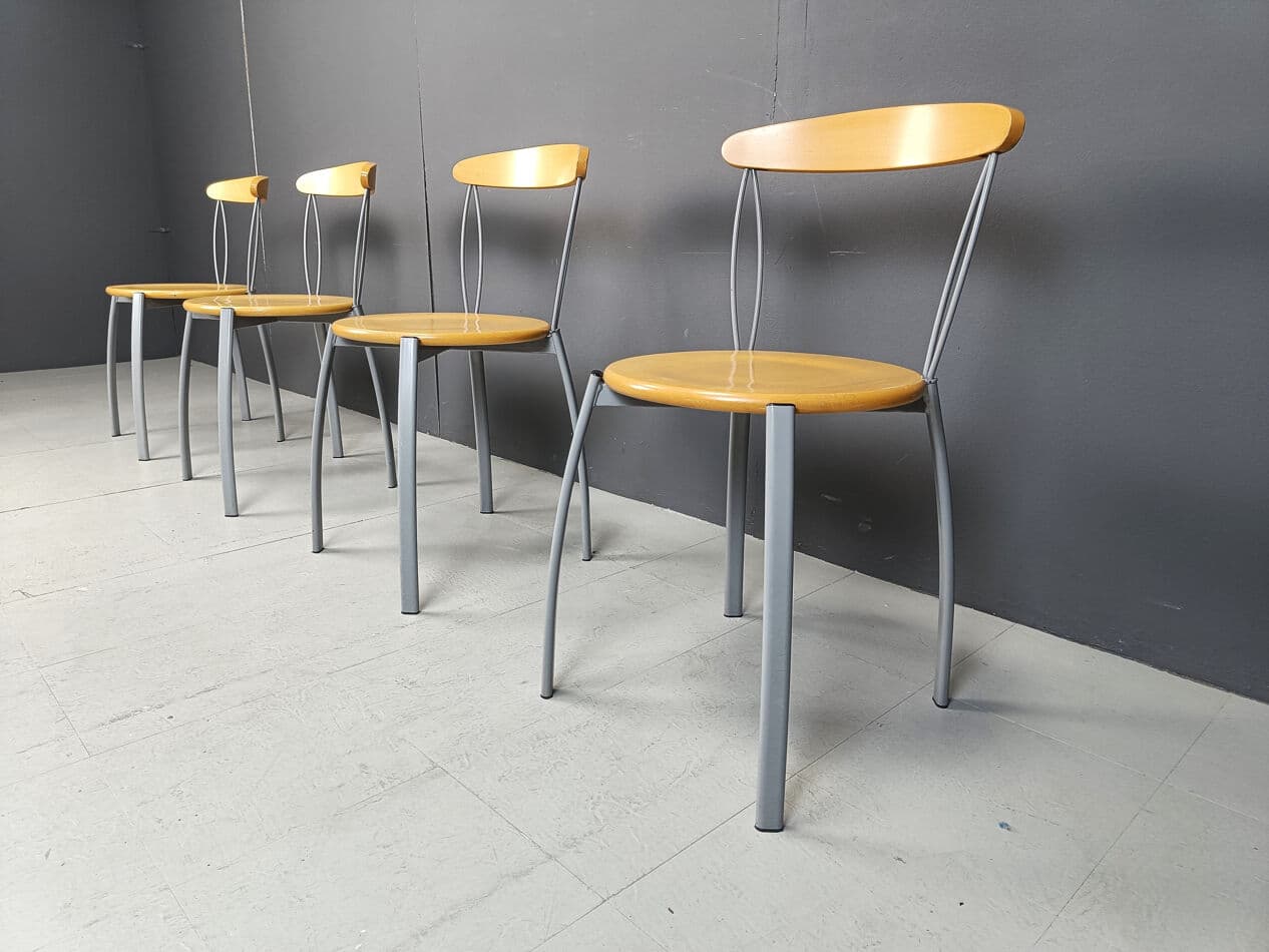 Set of Four Postmodern Dining Chairs, brown plywood, grey metal, Italy, 1990s - 330998