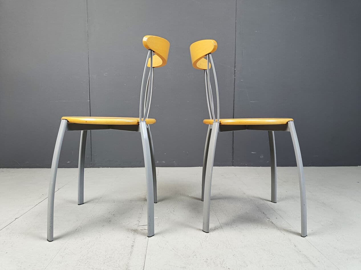 Set of Four Postmodern Dining Chairs, brown plywood, grey metal, Italy, 1990s - 330993