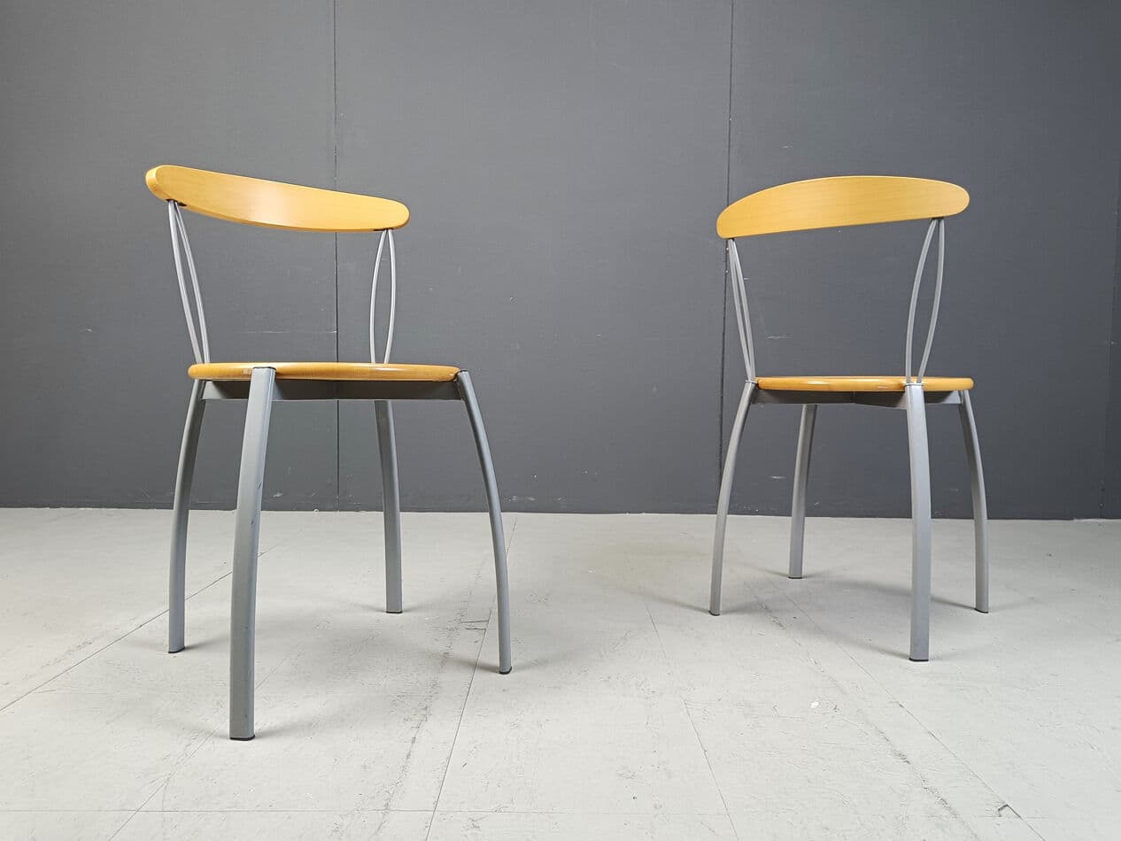Set of Four Postmodern Dining Chairs, brown plywood, grey metal, Italy, 1990s - 330994