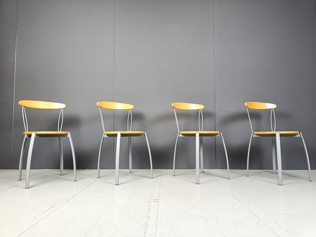 Set of Four Postmodern Dining Chairs, brown plywood, grey metal, Italy, 1990s - 330995