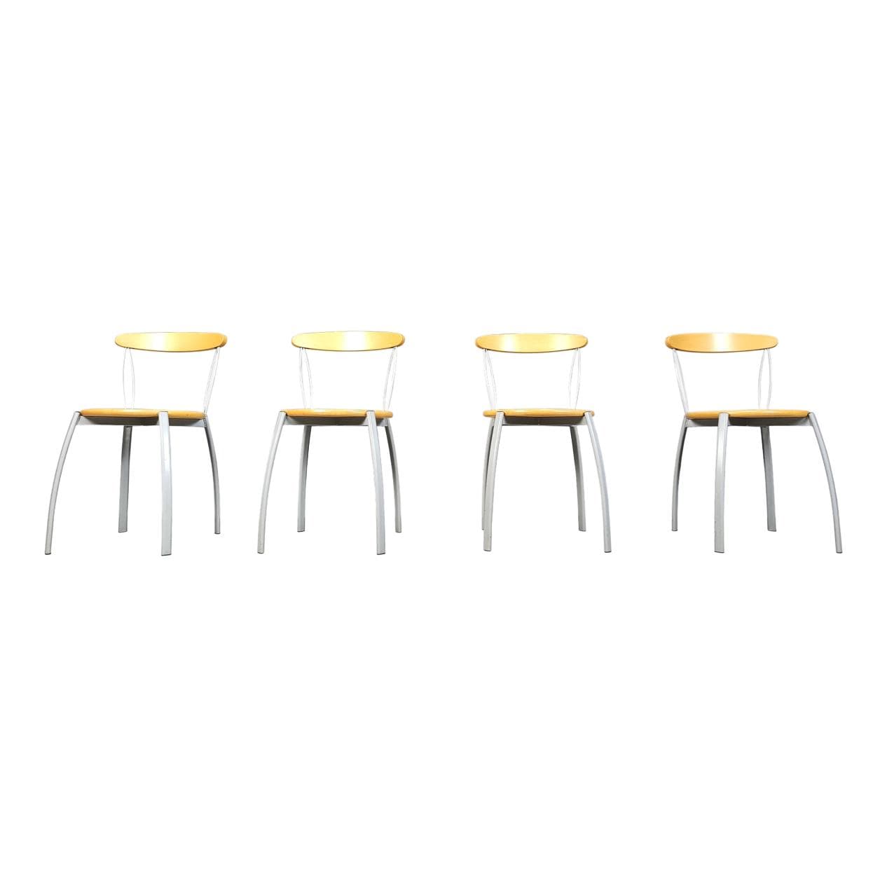 Set of Four Postmodern Dining Chairs, brown plywood, grey metal, Italy, 1990s