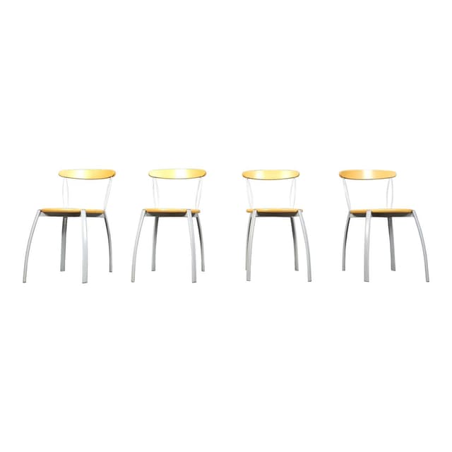 Set of Four Postmodern Dining Chairs, brown plywood, grey metal, Italy, 1990s - DIMENSION