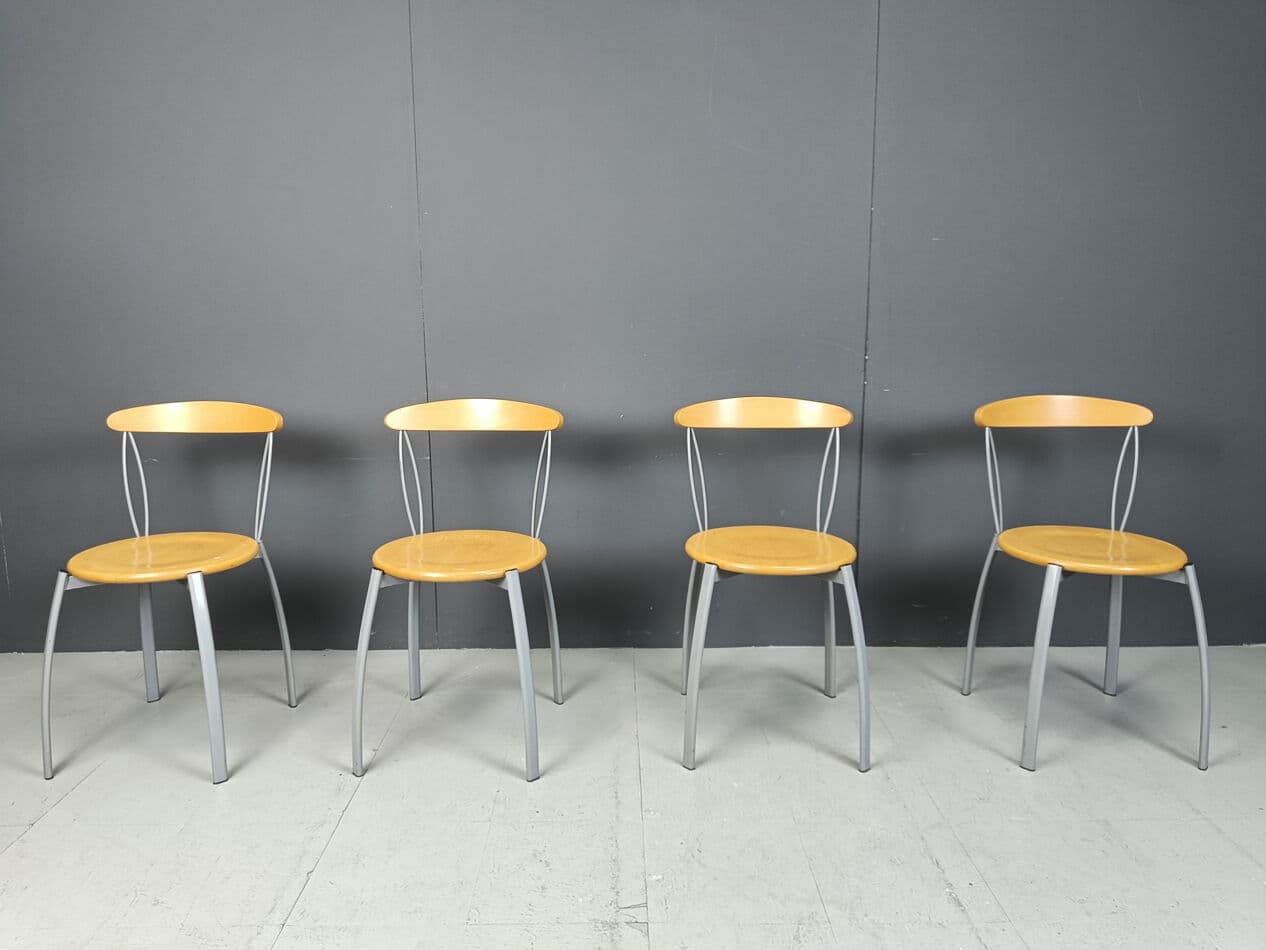 Set of Four Postmodern Dining Chairs, brown plywood, grey metal, Italy, 1990s - 331000