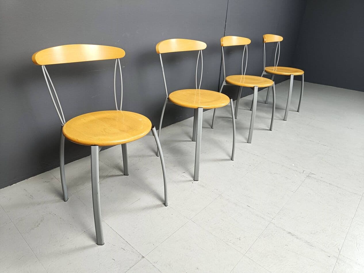 Set of Four Postmodern Dining Chairs, brown plywood, grey metal, Italy, 1990s - 330999