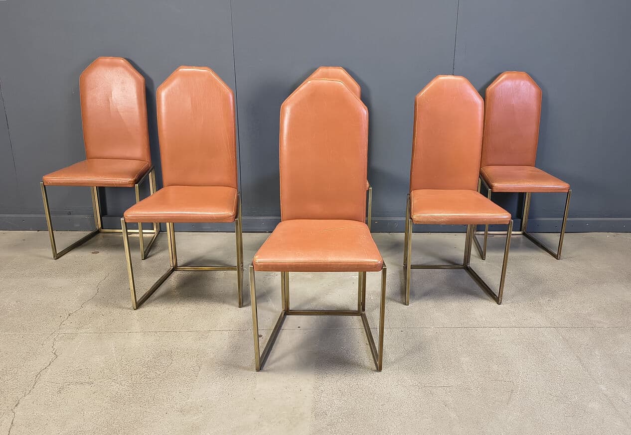 Set of six dining chairs, brown leather, gold brass, Belgochrom, Belgium, 1970s. - 330985