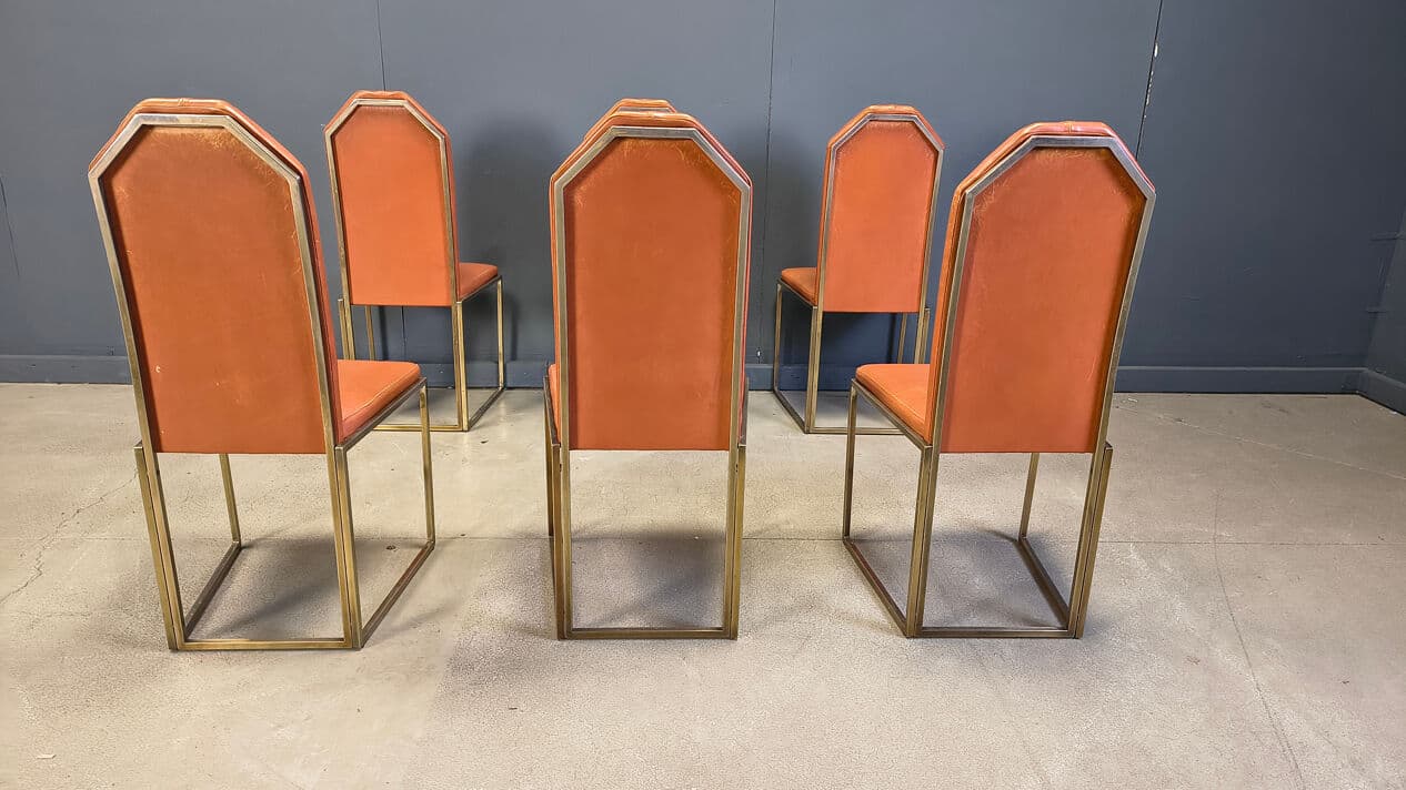 Set of six dining chairs, brown leather, gold brass, Belgochrom, Belgium, 1970s. - 330979