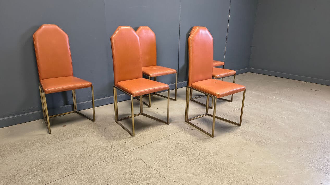 Set of six dining chairs, brown leather, gold brass, Belgochrom, Belgium, 1970s. - 330984