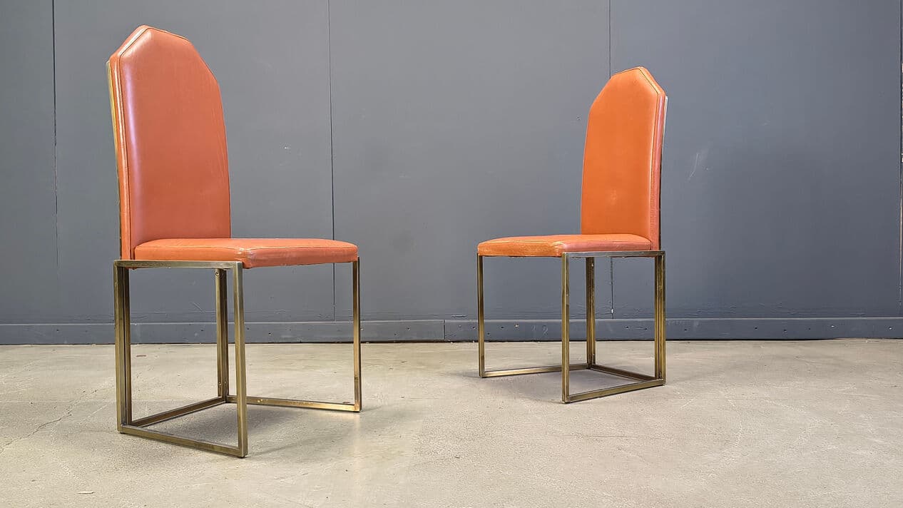 Set of six dining chairs, brown leather, gold brass, Belgochrom, Belgium, 1970s. - 330980