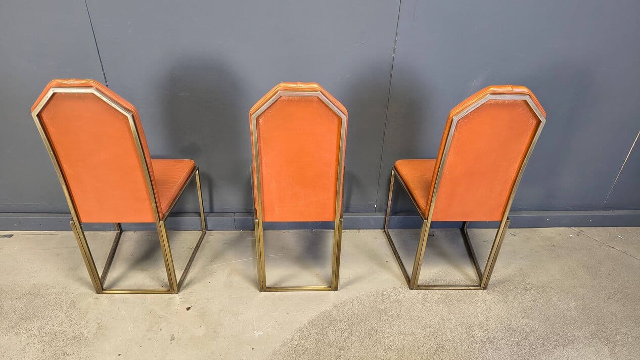 Set of six dining chairs, brown leather, gold brass, Belgochrom, Belgium, 1970s. - 330987