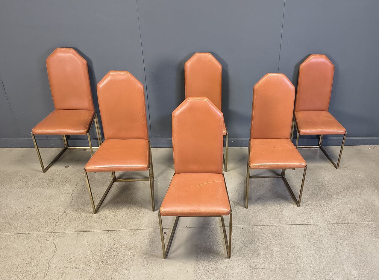 Set of six dining chairs, brown leather, gold brass, Belgochrom, Belgium, 1970s. - 330989