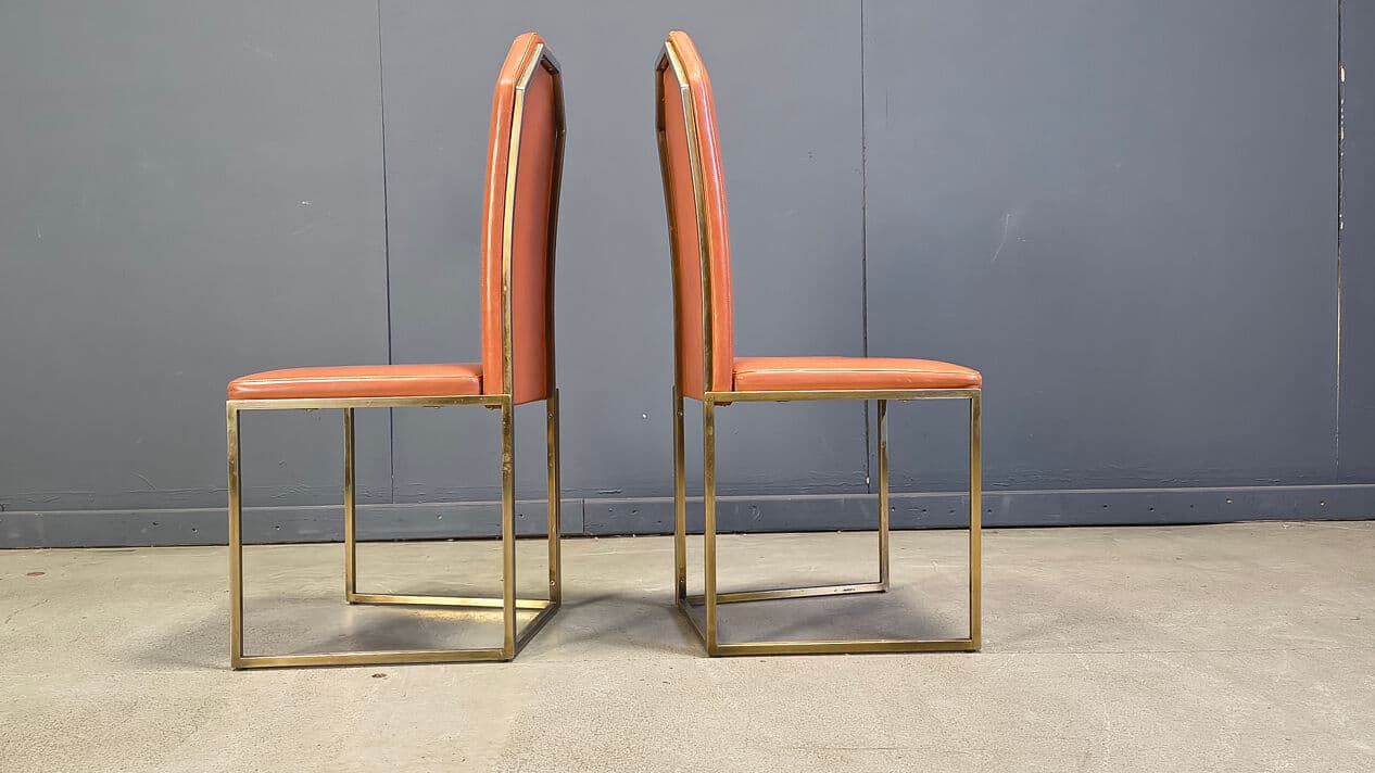 Set of six dining chairs, brown leather, gold brass, Belgochrom, Belgium, 1970s. - 330988