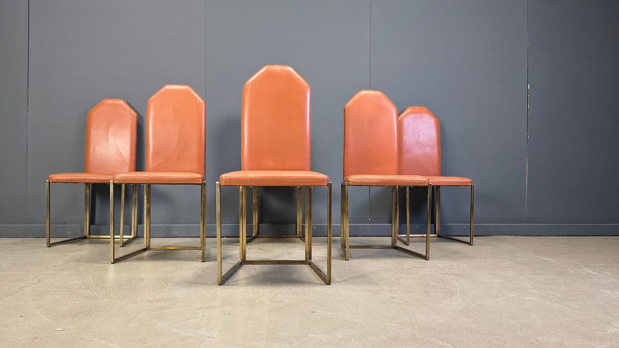 Set of six dining chairs, brown leather, gold brass, Belgochrom, Belgium, 1970s. - 330986