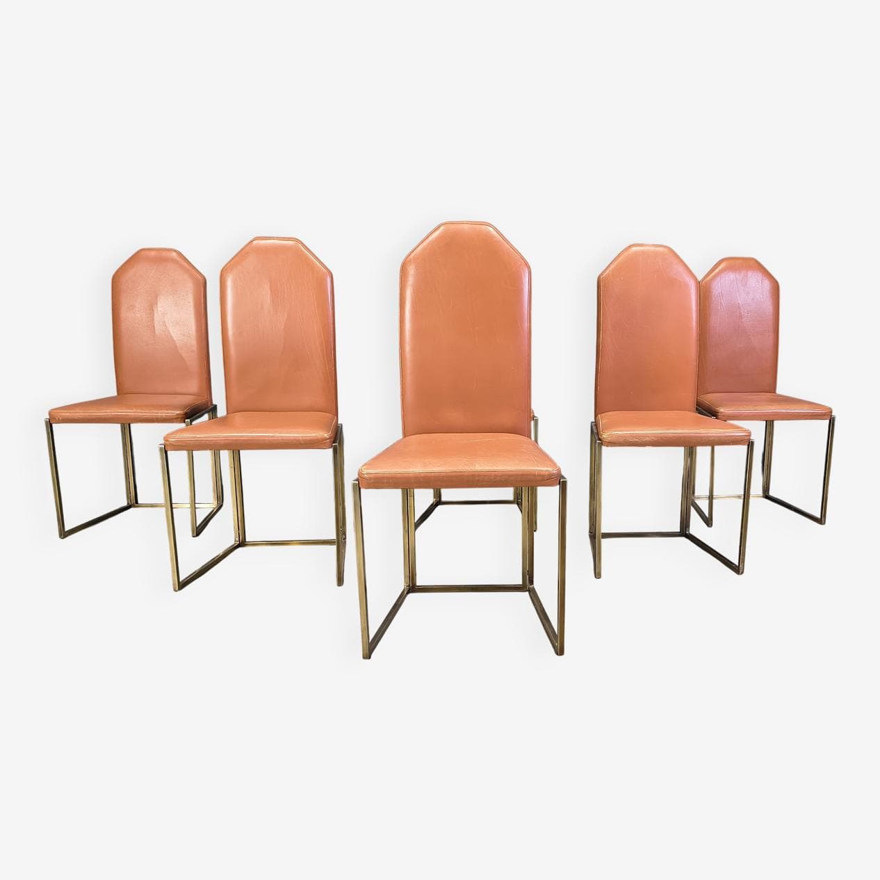 Set of six dining chairs, brown leather, gold brass, Belgochrom, Belgium, 1970s. - 330981