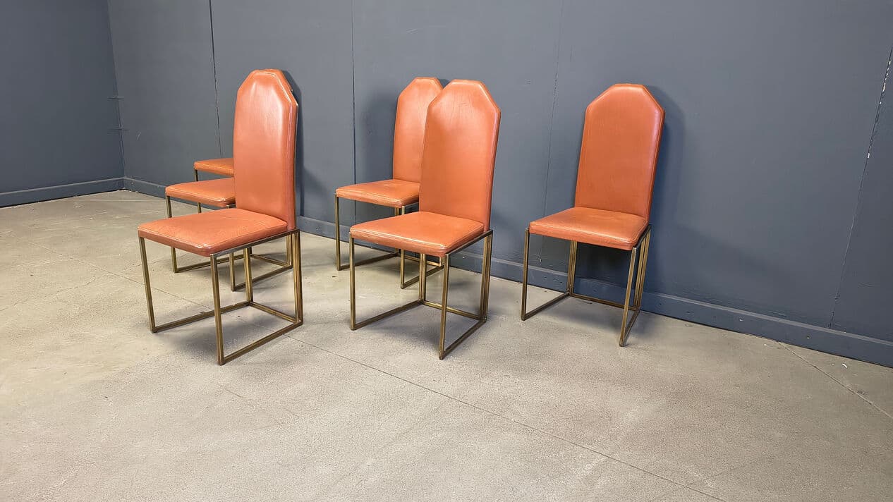 Set of six dining chairs, brown leather, gold brass, Belgochrom, Belgium, 1970s. - 330983