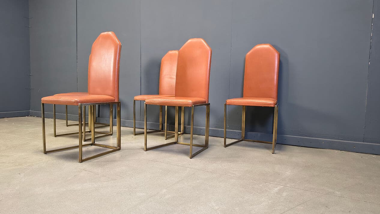 Set of six dining chairs, brown leather, gold brass, Belgochrom, Belgium, 1970s. - 330982