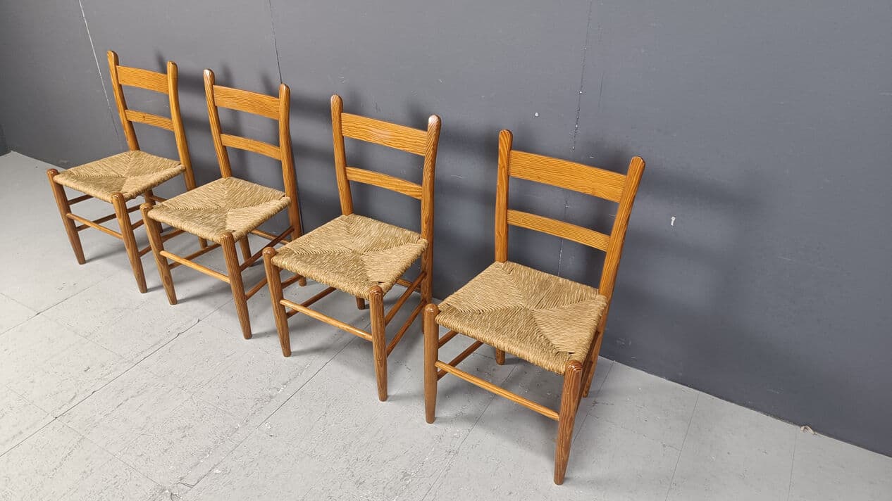 Set of four dining chairs, brown oak, beige wicker, Denmark, 1970s. - 330971