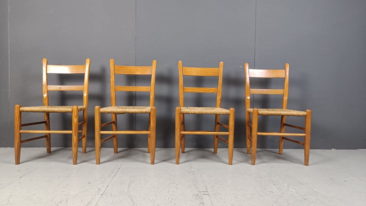 Set of four dining chairs, brown oak, beige wicker, Denmark, 1970s. - 330973