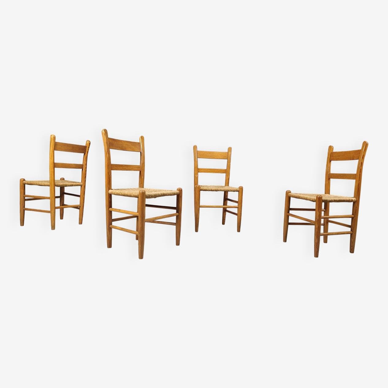 Set of four dining chairs, brown oak, beige wicker, Denmark, 1970s. - 330969