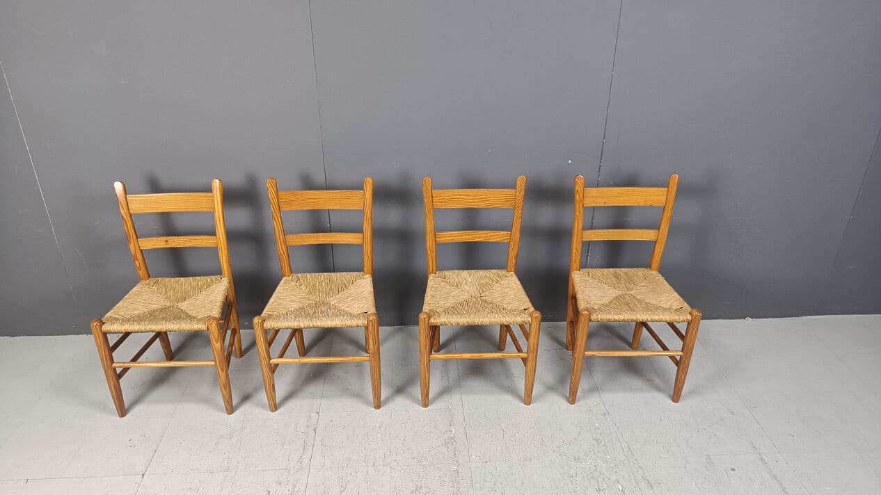 Set of four dining chairs, brown oak, beige wicker, Denmark, 1970s. - 330974