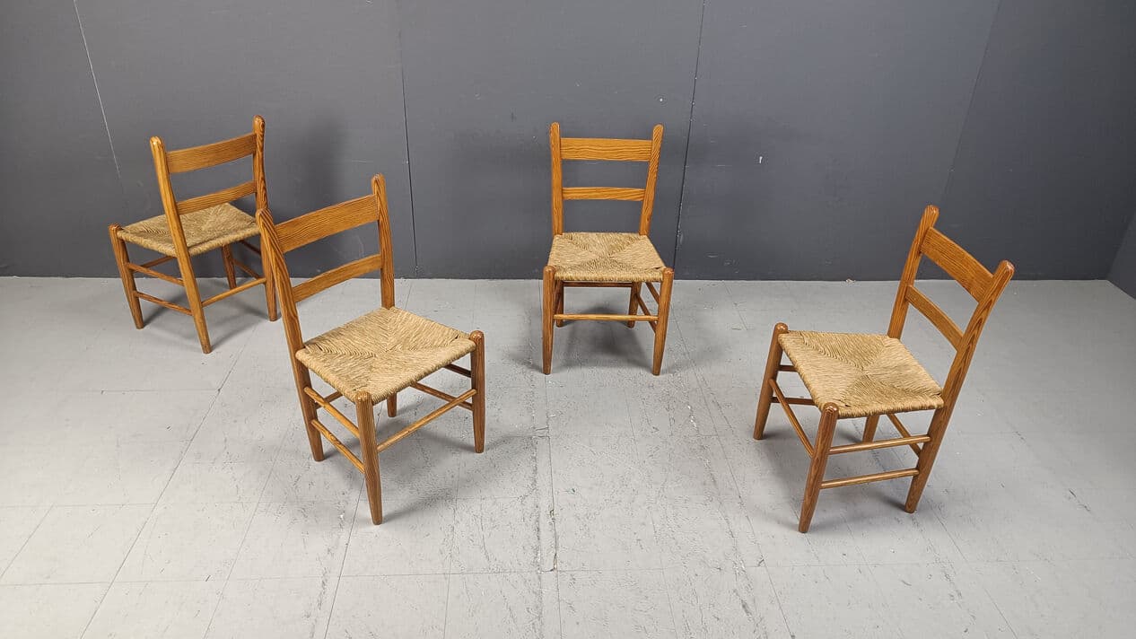 Set of four dining chairs, brown oak, beige wicker, Denmark, 1970s. - 330970