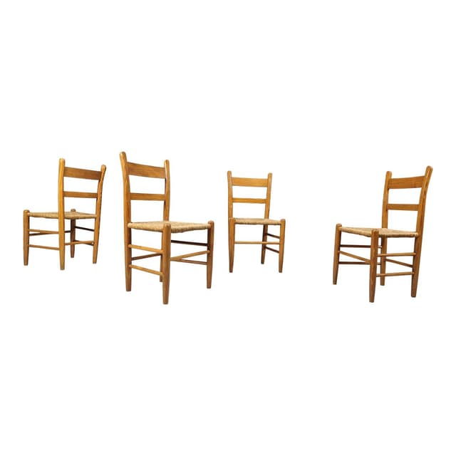 Set of four dining chairs, brown oak, beige wicker, Denmark, 1970s. - DIMENSION