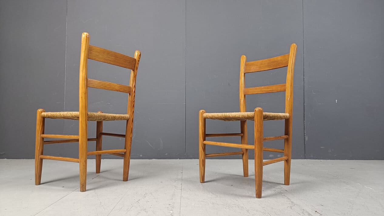 Set of four dining chairs, brown oak, beige wicker, Denmark, 1970s. - 330968