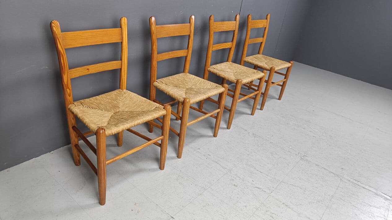 Set of four dining chairs, brown oak, beige wicker, Denmark, 1970s. - 330967