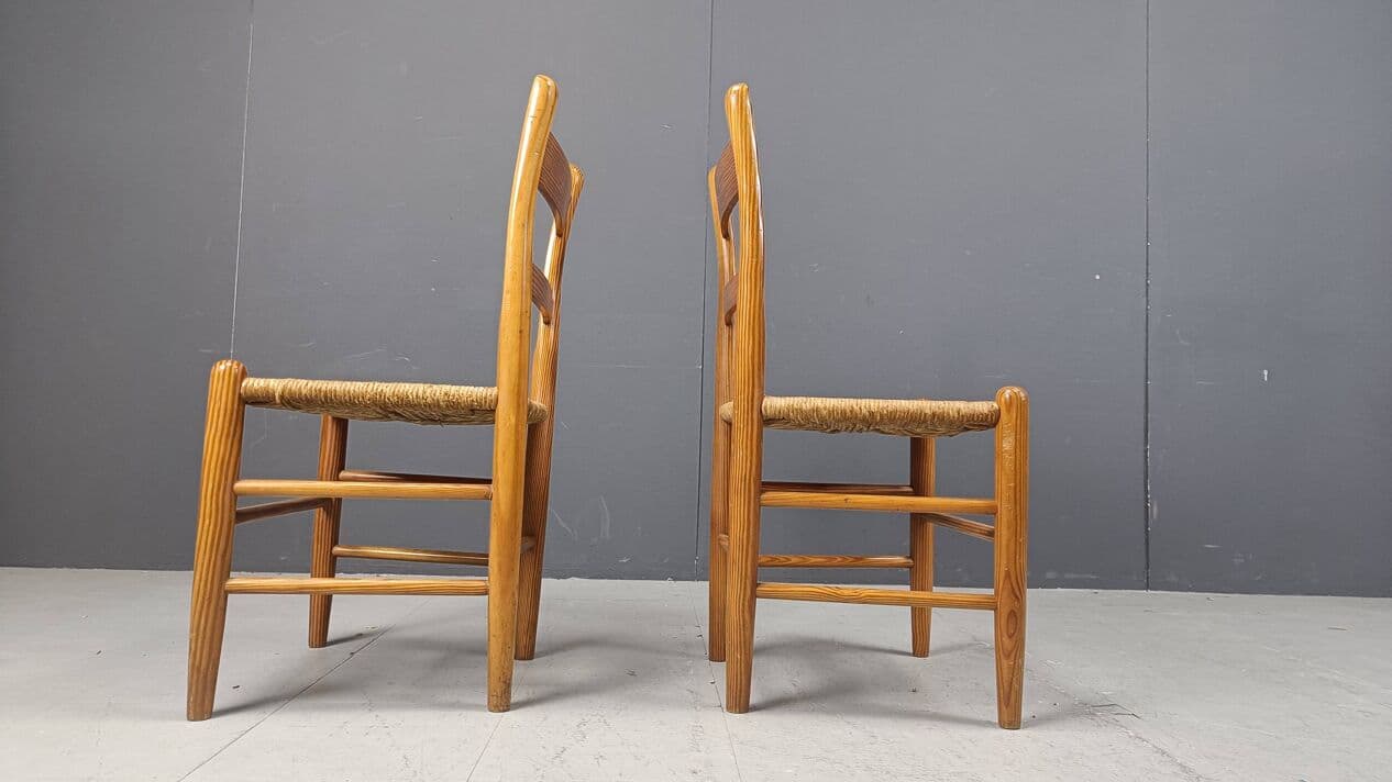 Set of four dining chairs, brown oak, beige wicker, Denmark, 1970s. - 330976