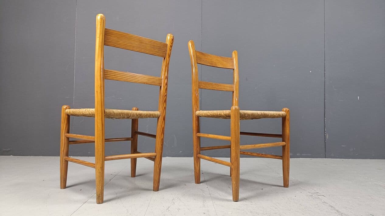 Set of four dining chairs, brown oak, beige wicker, Denmark, 1970s. - 330977