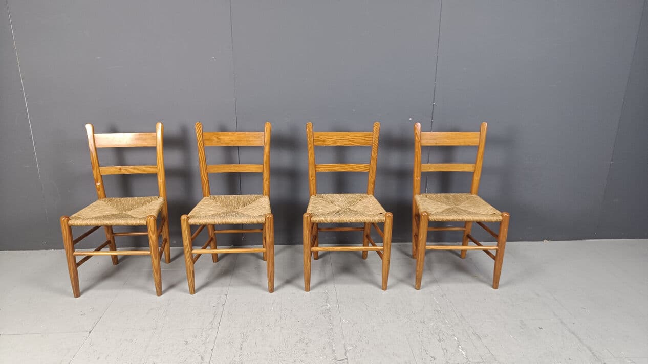 Set of four dining chairs, brown oak, beige wicker, Denmark, 1970s. - 330975
