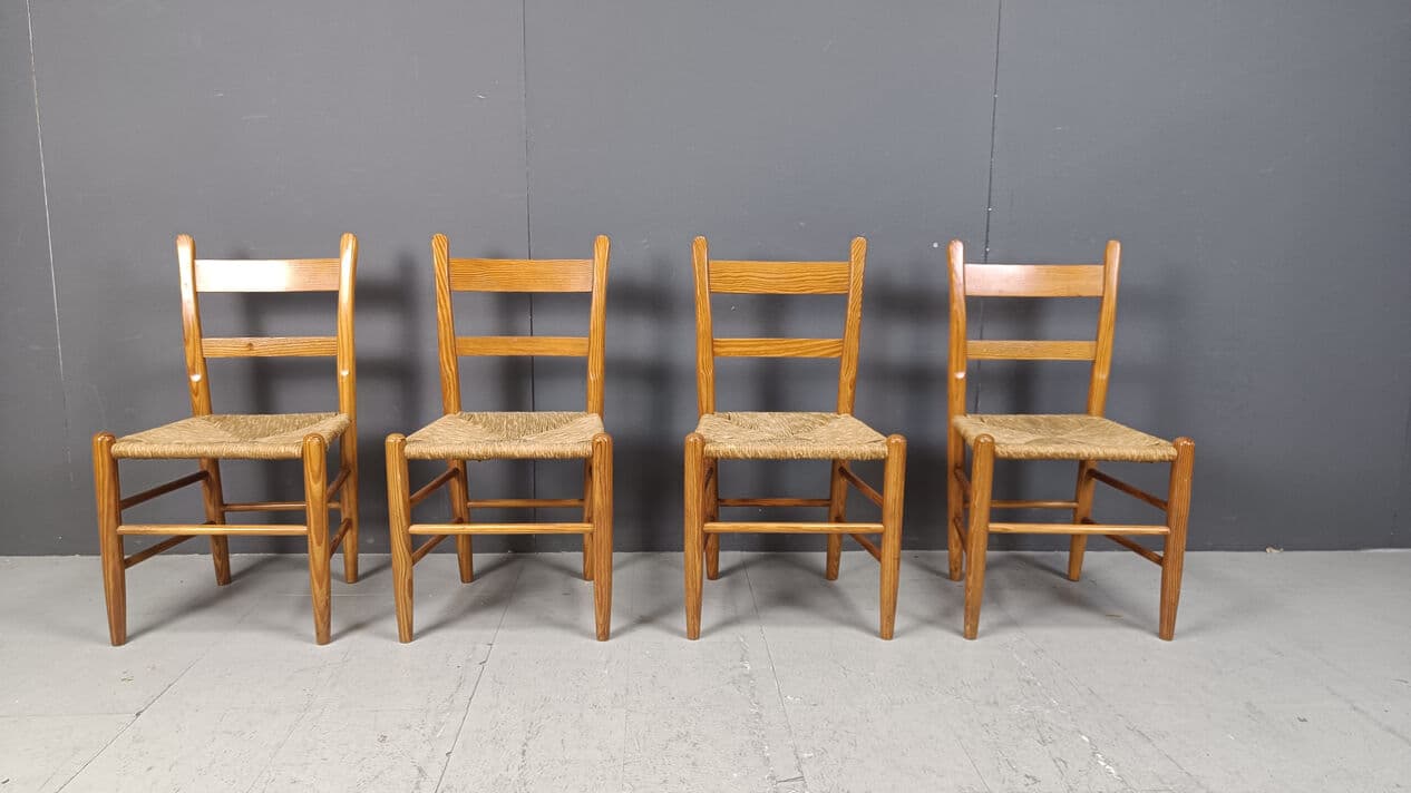 Set of four dining chairs, brown oak, beige wicker, Denmark, 1970s. - 330972