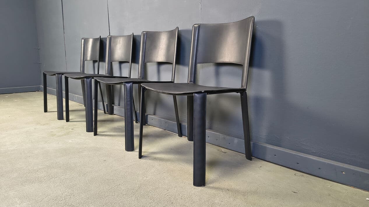 Set of four dining chairs, black leather, Italy, 1980s. - 330961