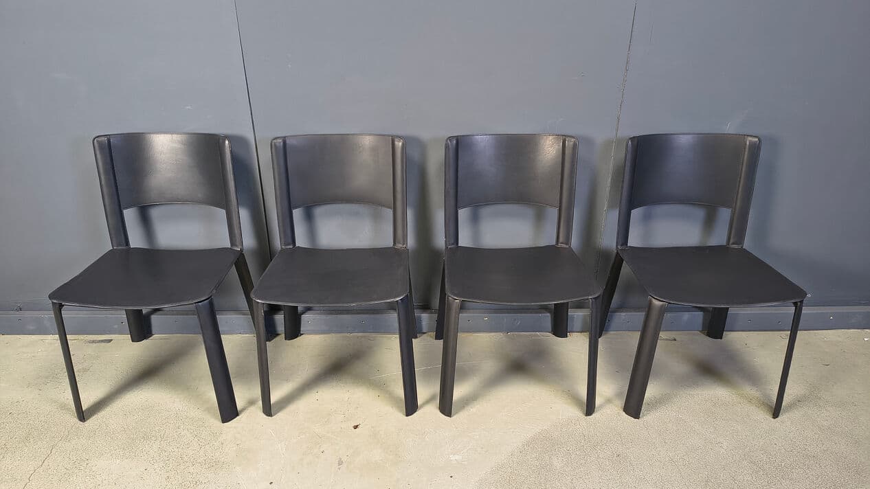 Set of four dining chairs, black leather, Italy, 1980s. - 330955