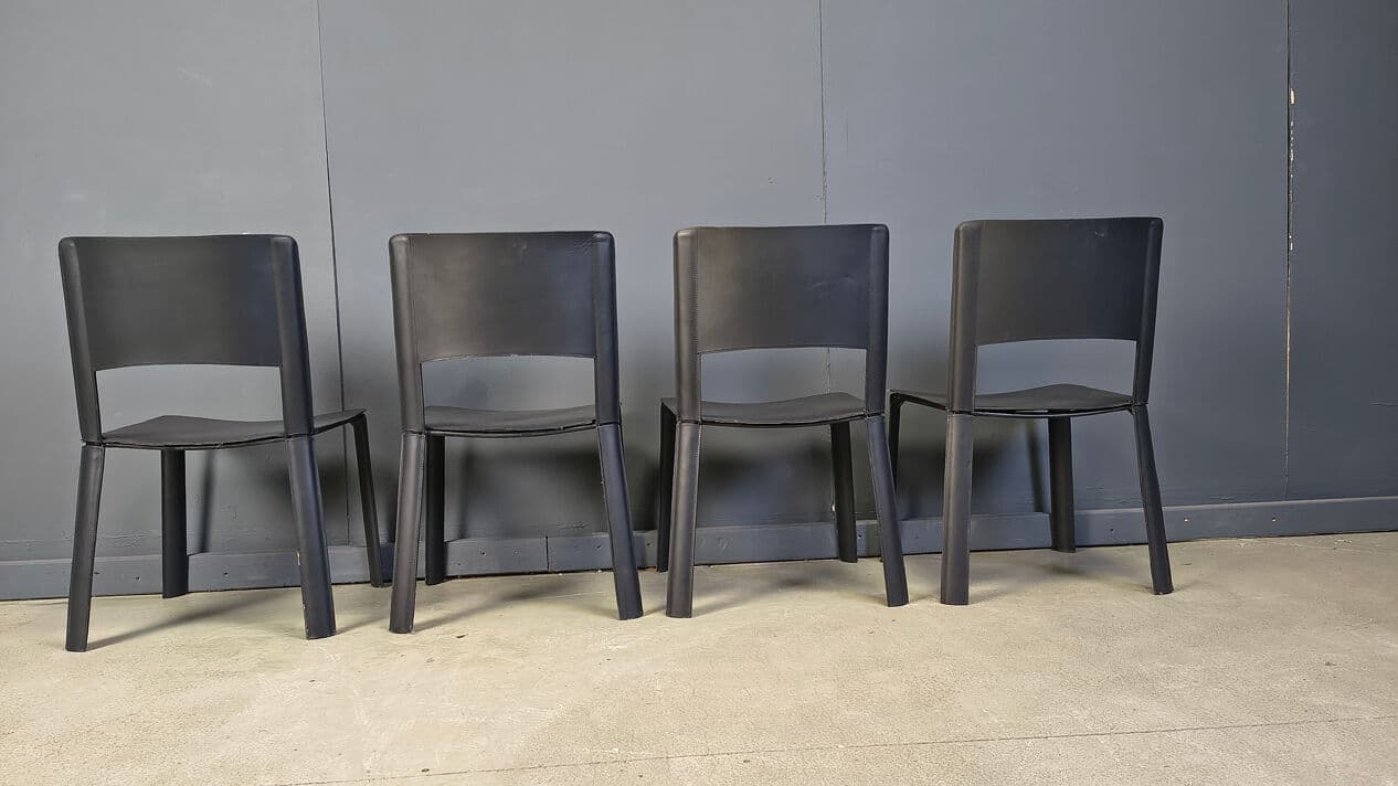 Set of four dining chairs, black leather, Italy, 1980s. - 330956