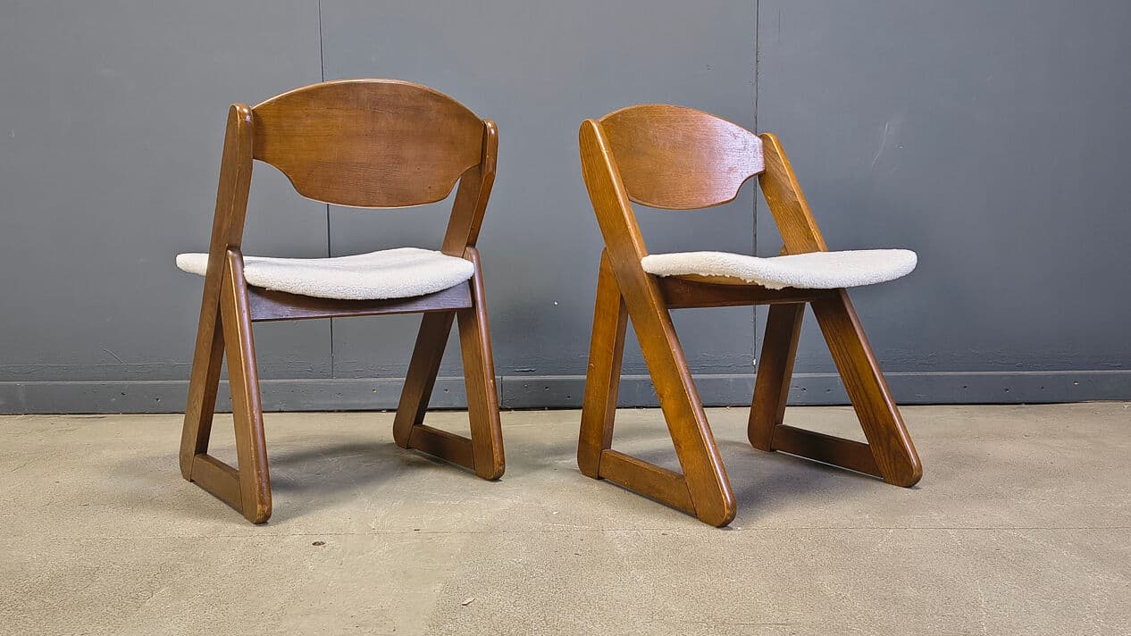 Set of six dining chairs Brutalist, brown wood, white bouclé, Germany, 1960s. - 330932
