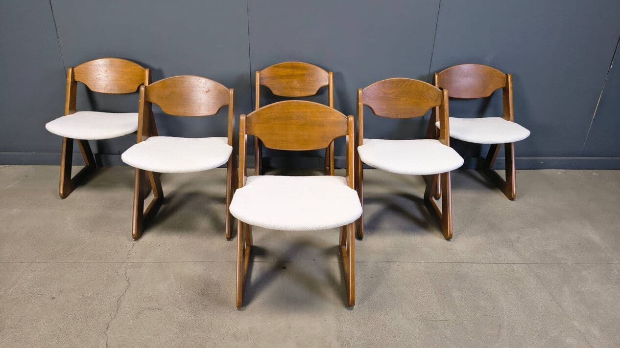 Set of six dining chairs Brutalist, brown wood, white bouclé, Germany, 1960s. - 330935