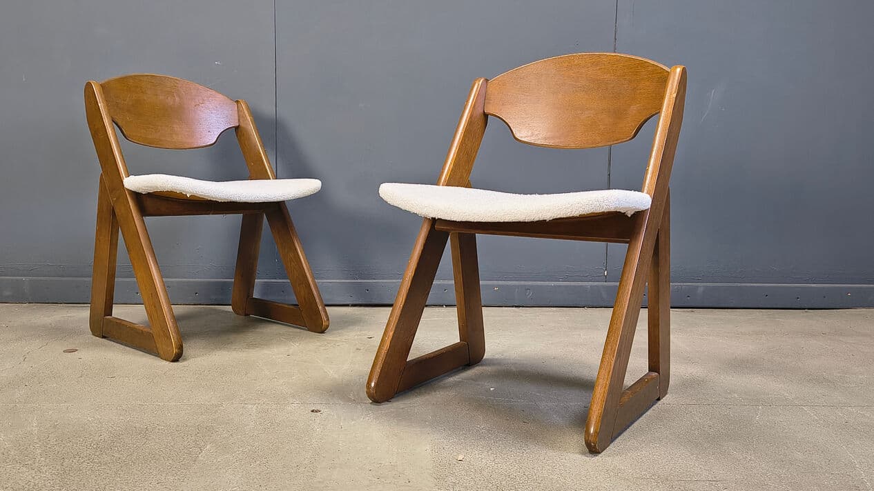 Set of six dining chairs Brutalist, brown wood, white bouclé, Germany, 1960s. - 330941